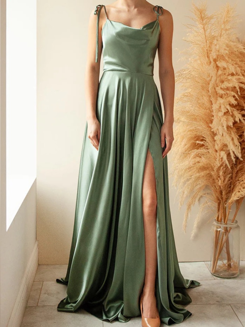 Moira Khaki | Cowl Neck Satin Maxi Dress with High Slit